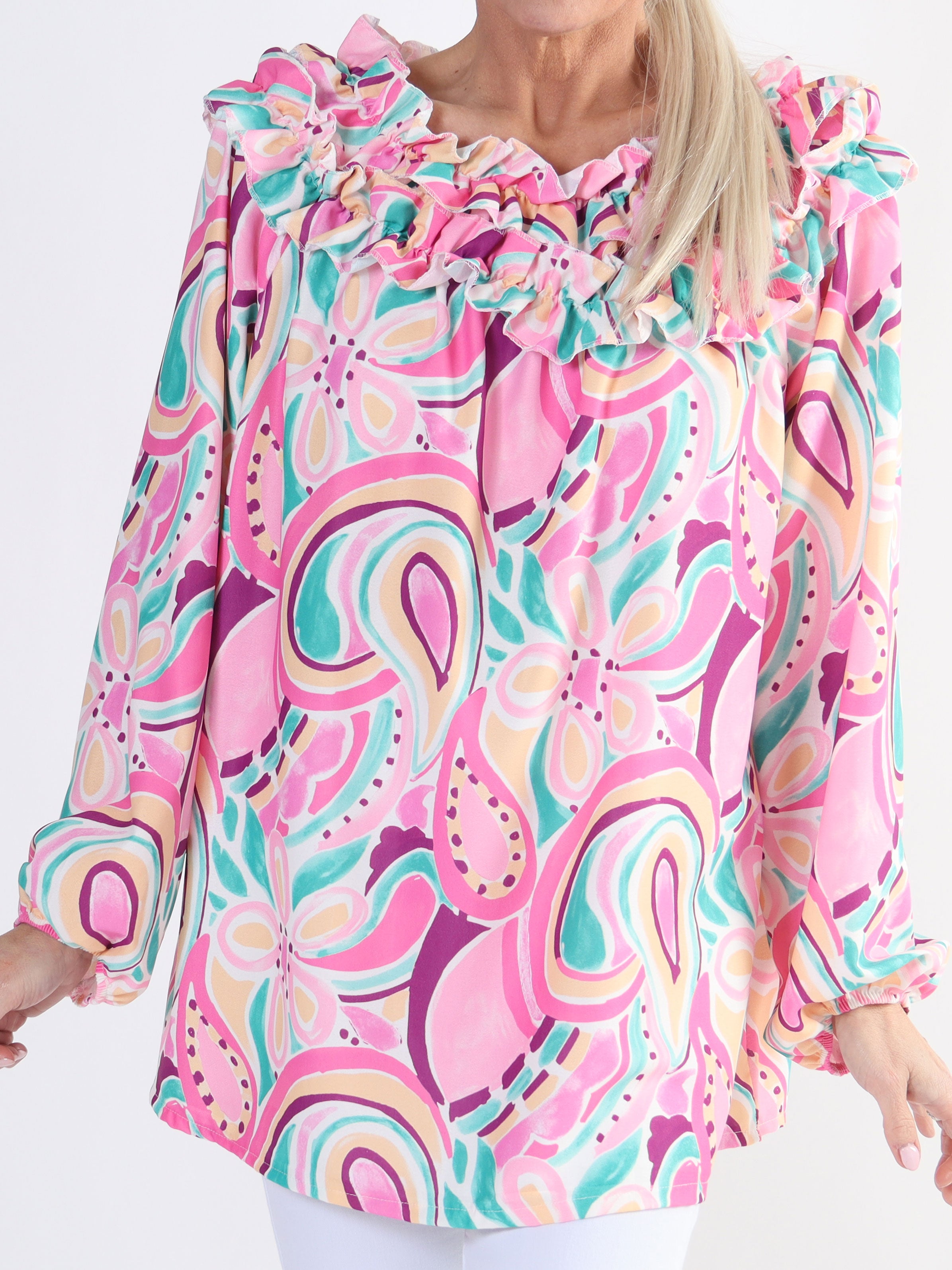 Chili Pattern - Langærmet mønstret plus size tunika med flæser